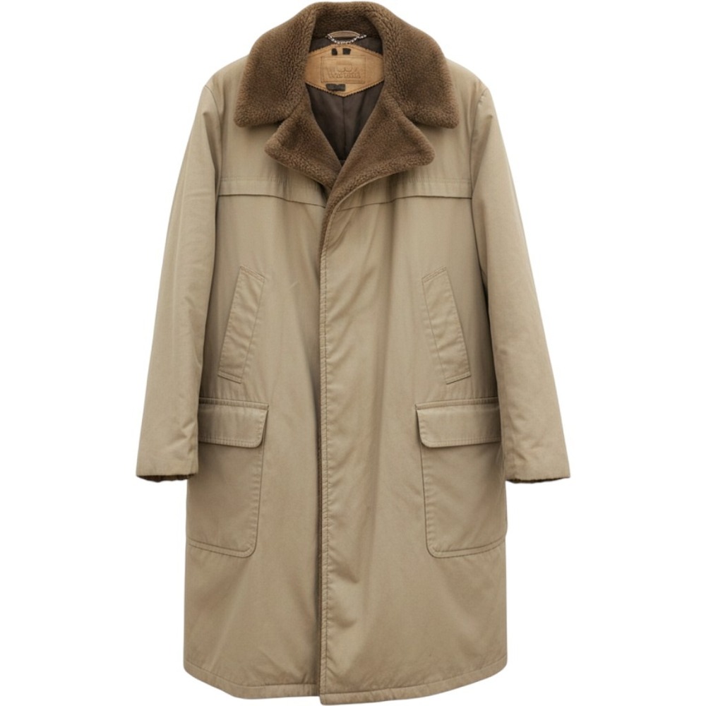 Vintage Woolrich Tan Trench Coat Faux Fur Collar Men XL Long Winter Overcoat